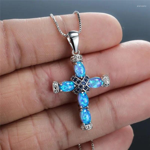 Anhänger Blauer Feueropal Kreuz Halsketten Für Frauen Hochzeit Schmuck Vintage Mode 925 Silber Regenbogen Stein Halskette