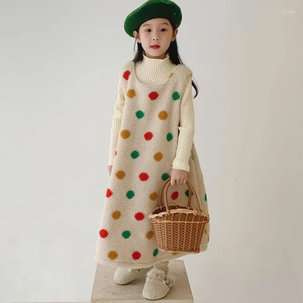 Abiti per ragazza Colore Dot Mao per bambini Senza maniche Abito in lana di agnello per ragazza Gilet invernale Gonna Coreana abbinata a tunica lunga Costumi carini