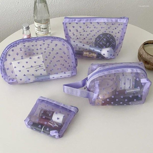 Borse portaoggetti Serie viola Borsa a rete trasparente con stampa a cuore Organizzatore cosmetico portatile Custodia per trucco Kit di articoli da toeletta per la cura della pelle del bagno