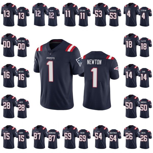 New England''Patriots''Men #11 Julian Edelman 4 Jarrett Stidham 1 Cam Newton 12 Tom Brady Custom Damen-Jugend-Fußballtrikot