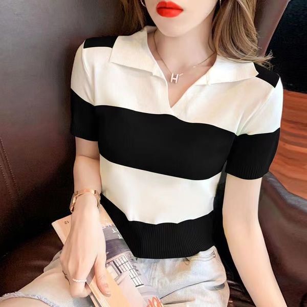 2024 designers verão novo coreano listras retalhos cor polo colarinho pulôver malhas de seda gelo feminino de manga curta camiseta topo