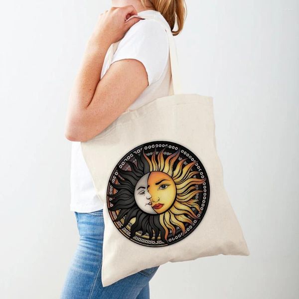 Sacos de compras vintage arte dos desenhos animados sinal de sol ombro shopper saco abstrato feminino impressão dupla casual senhora lona tote bolsas