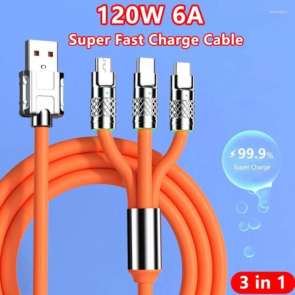 Em 1 Cabo de carregamento rápido de 120 W Micro USB Tipo-c Silicone líquido para iPhone 13 Pro Max Samsung Xiaomi Carga de telefone