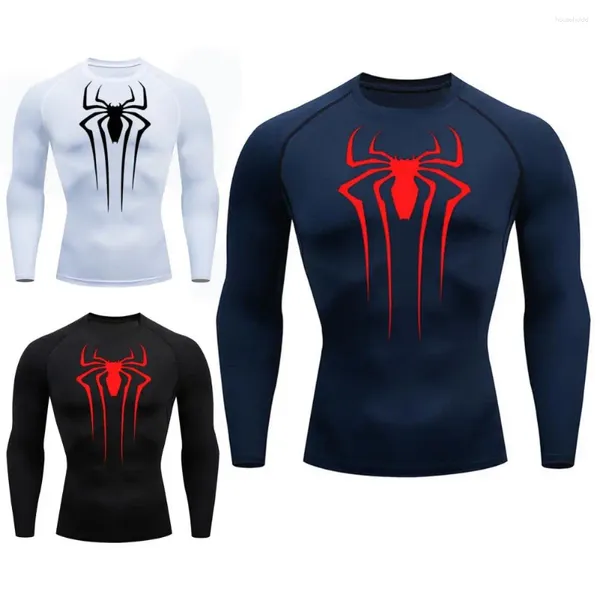 Homens Camisetas Proteção Solar Esportes Running T-shirt Homens Fitness Crewneck Mangas Compridas Camisa de Compressão Aranha Imprimir Roupas de Treino