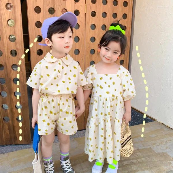 Conjuntos de roupas 2024 verão combinando roupas irmão irmã menino shorts 2 pcs terno meninas algodão vestido floral gêmeos irmãos roupas crianças
