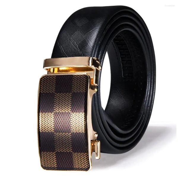 Gürtel Hi-Tie Gold Braun Plaid Automatische Schnallen Herren Schwarz Echtes Leder Ratsche Taille Gürtel Für Männer Kleid Jeans hochzeit Party