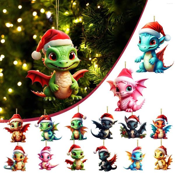 Weihnachtsdekorationen, Drachenbaby, 2D-Acryl-Cartoon-Dinosaurier-Ornament, niedlicher Baumschmuck-Anhänger für Zuhause und Büro