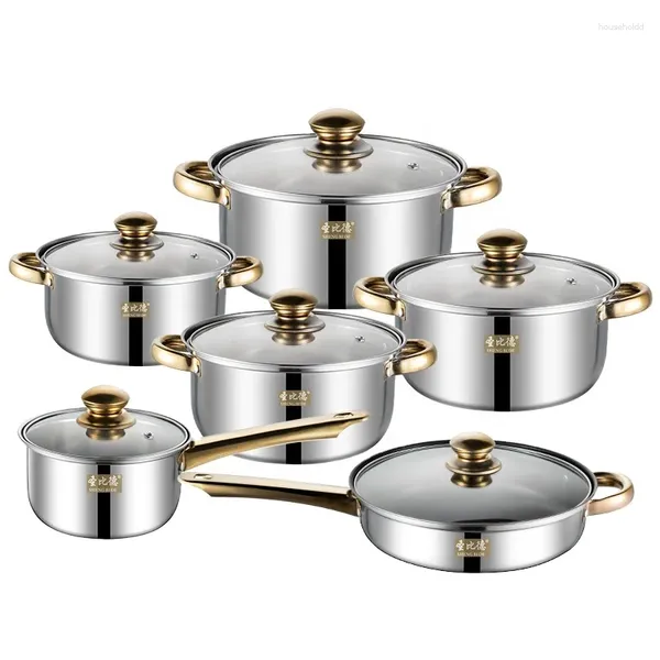 Kochgeschirr-Sets, Edelstahl-Topf-Set, 12-teilig, Goldgriff, Antihaft-Bratpfanne