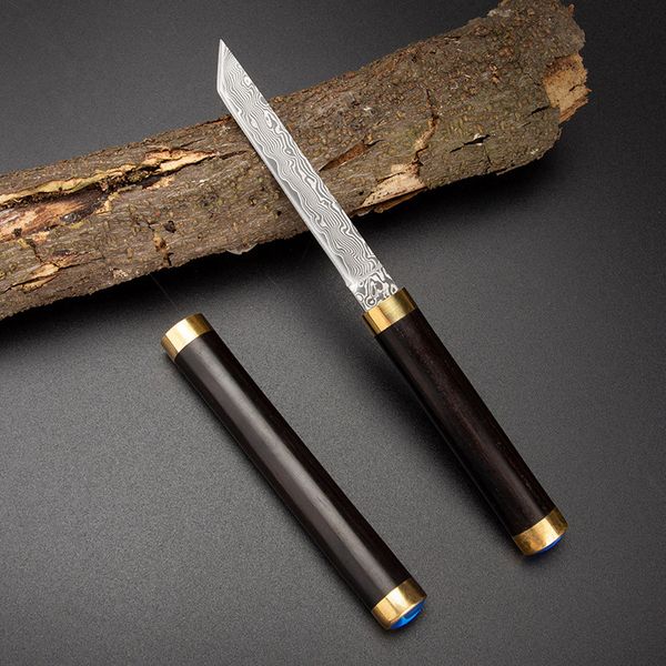 Coltello a lama fissa in Damasco piccolo di alta qualità Lama a punta Tanto in legno con manico in ottone Maniglia per campeggio all'aperto Escursionismo Coltelli dritti tascabili EDC Miglior regalo