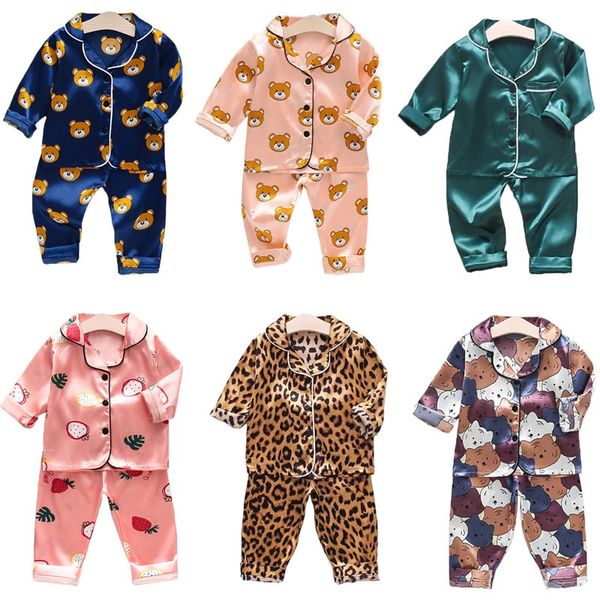 Yürümeye başlayan kızlar ipek saten pijama set karikatür çocuk erkek pijamalar bebek pijama takım elbise kız rahat ev giysi çocuk salonu 240130