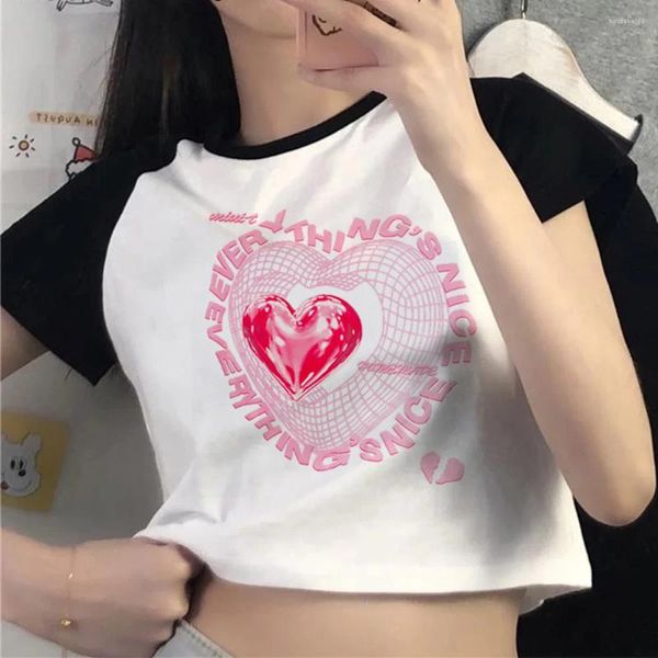 Camiseta feminina estética coração impressão streetwear moda coreana cyber y2k colheita topo menina gráfico kawaii kawai recortado t