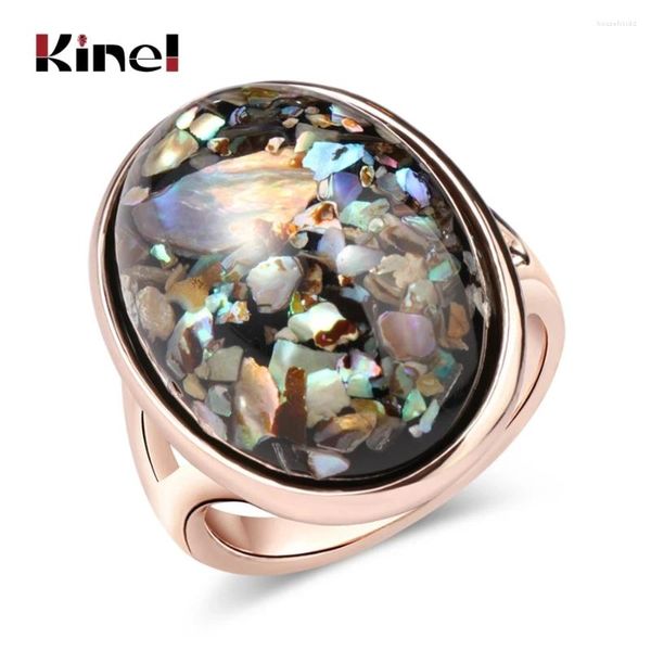 Anelli a grappolo Kinel Anello con conchiglie colorate di lusso per le donne Abbaglia accessori in corallo artificiale Vintage ovale grande in oro rosa 2024