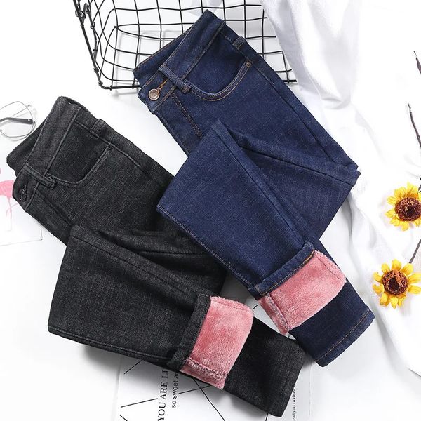 Moda estiramento cintura alta lápis calças femininas casual veludo jeans das mulheres de alta qualidade calças grossas calças femininas 240201