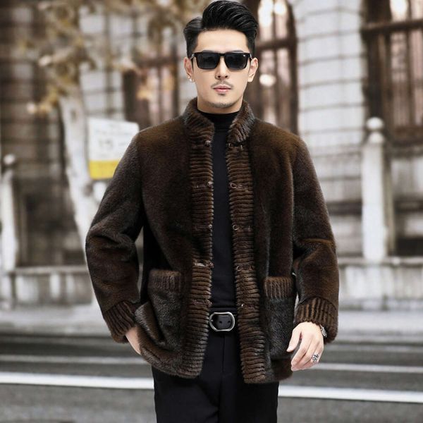 Cappotto di visone da uomo imitazione velluto dorato pelliccia di tosatura delle pecore integrato design invernale stile cinese Tang R3D3