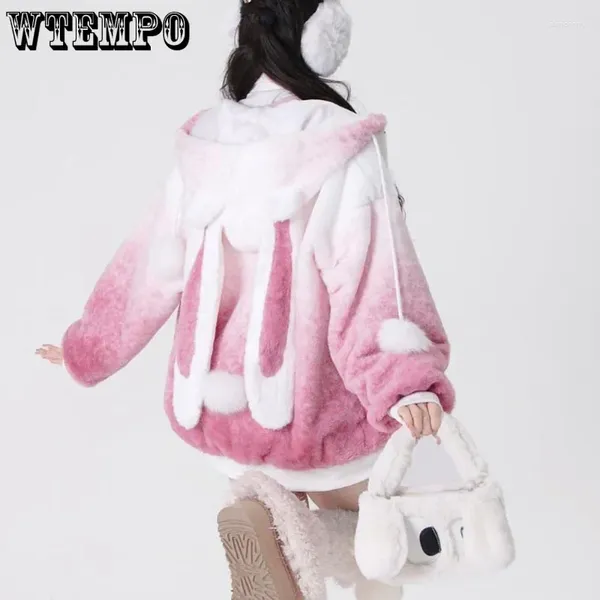 Jaquetas femininas rosa gradiente hoodies bonito pelúcia quente orelha de coelho com capuz zíper casaco manga longa topo doce americano y2k moda coreana