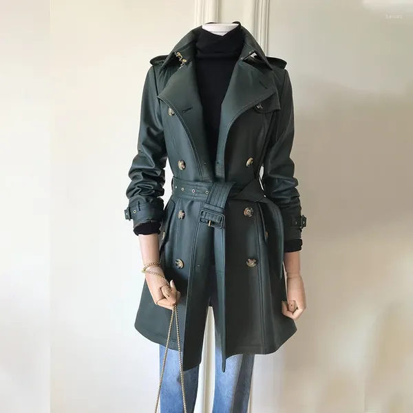 Damen-Lederjacke, England-Stil, Damen-Windjacke aus Schaffell, Streetwear, mittellang, echtes Büro, Schärpen, gerade2024