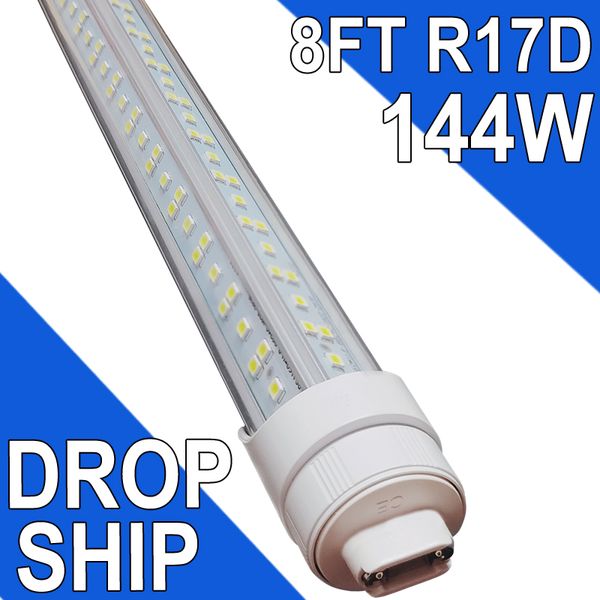 R17d Tubo luminoso a LED da 8 piedi Lampadina a forma di V a 2 pin, base HO girevole da 144 W T8 T10 T12 per sostituire tubo LED da 8 piedi, 14400LM Bianco freddo 6500K, Copertura trasparente, CA 90-277V usastock