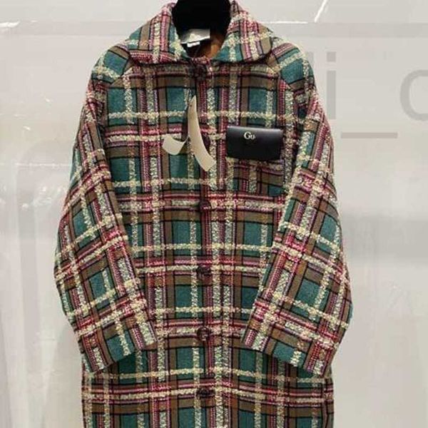 Trench da donna Designer Brand Inizio primavera Nuovo stile di lana di media lunghezza con colori sciolti e contrastanti, Cappotto scozzese di lana di fascia alta per donna L1J0