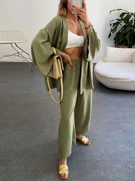 Lässige Kleider 2024 Sommer Damen Leinen Hosenanzug mit Bluse Lose Zweiteiliges Set für elegante Outfits Baumwollhosen Trainingsanzug