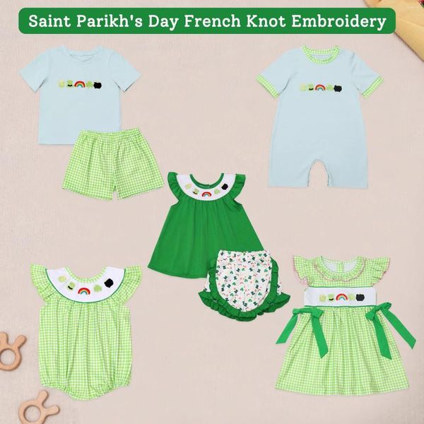 Kleidungssets St. Patrick's Day French Knot Kurzarm T-Shirt Rundhalskleid Mädchen Grün Bubble Boy Blau Top Kleidung und Gitterhosen