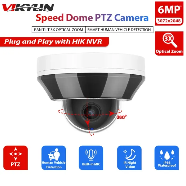 Vikylin 6mp ptz dome câmera de segurança ip para hikvision compatível poe 2.8-8mm 3x zoom h.265 ip66 cctv câmera de vigilância com microfone