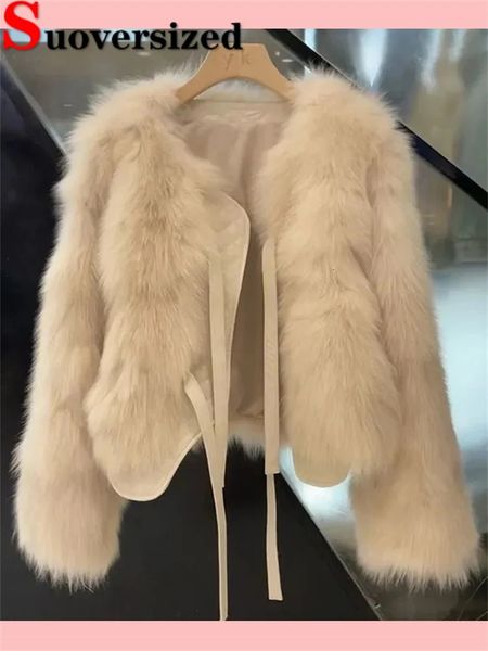 Cappotti invernali corti in pelliccia sintetica caldi con lacci imitano pellicce di volpe giacche moda coreana allentata peluche capispalla donna lusso peloso Casaco 240124