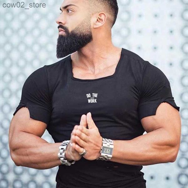 Herren T-Shirts Neue Herrenmode Sommer Kurzarm Slim Fit T-Shirt Gym Sport Vintage Loch Fitness T-Shirt Bodybuilding Extend Langes T-Shirt Q240201