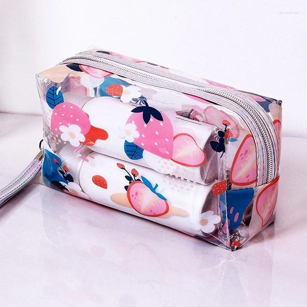 Borse per cosmetici Borsa per trucco trasparente con stampa di frutta a forma di fragola Borsa per il trucco trasparente da viaggio per donna in PVC