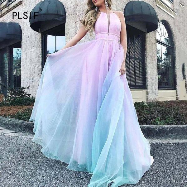 Lässige Kleider schöne sexy gradientierte Farbe Lady hohe Taille Langkleid ärmellose Sommer Mode Elegante Party