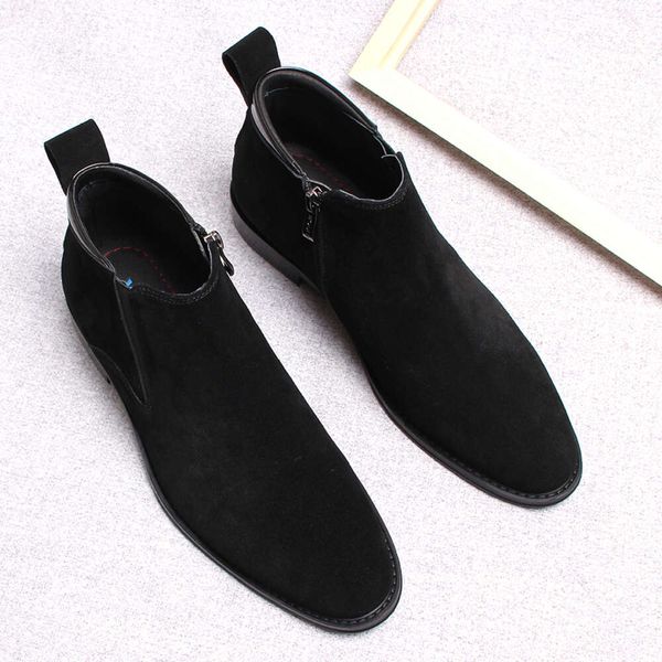 Sapatos masculinos de couro de camurça tornozelo genuíno preto marrom zíper vestido elegante botas masculinas de alta qualidade bota formal masculina