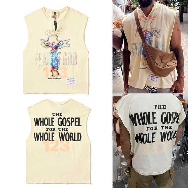 T-shirt da uomo 24ss designer Alta qualità RRR123 x FOG Co-branding High Street Loose GOSPEL Gospel Cross Gilet con scollo a V e maniche tagliate