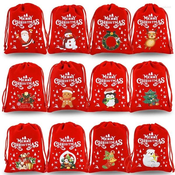 Подарочная упаковка 5 шт., рождественские мешочки для конфет на шнурке, маленький красный мешочек, декор для рождественской вечеринки, бархатный браслет, сумка для упаковки ювелирных изделий, 9x12 см