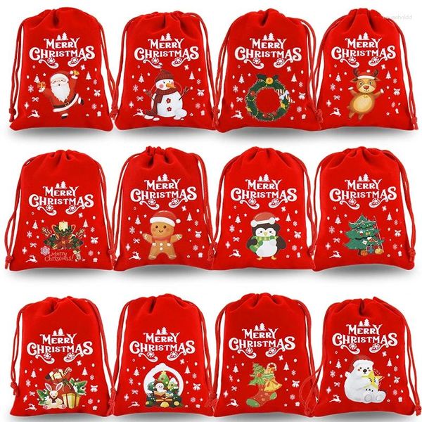 Hediye Sargısı 5 PCS Noel Drawstring Şeker Çantaları Küçük Kırmızı Koruma Kırmızı Pouch Year Year Decor Velvet Bileklik Takı Ambalaj Çantası 9x12cm