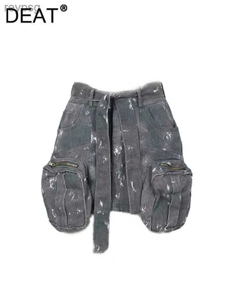 Röcke DEAT Frauen Denim Röcke Camouflage Schnürgürtel Gespleißt Große Taschen Kurzer A-Linie Cargo Minirock 2024 Frühling Neue Mode 29L2605 YQ240201