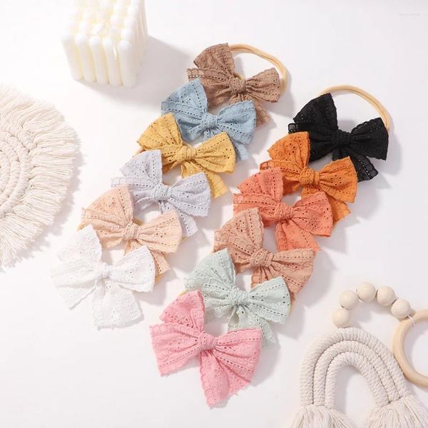 Saç Aksesuarları 12 PCS/LOT Handlied Dantel İşlemeli Yay Bebek Kız Naylon Kafa Bandı Bowknot Klipler Yumuşak Elastik Saç Bandı Bebek aksesuarı