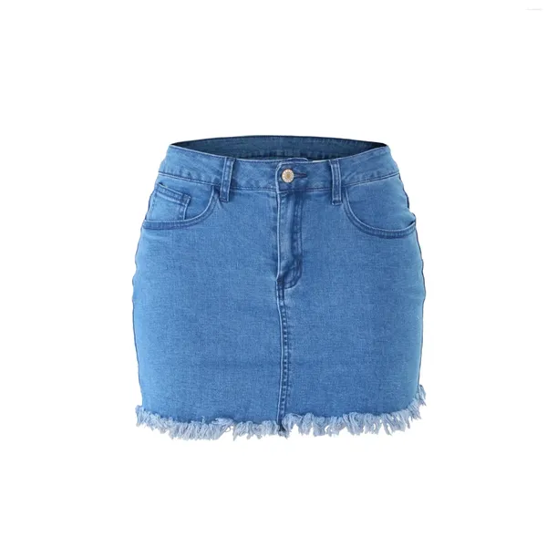Saias femininas casuais cintura média lavada bolsos desfiados jeans curto borla mini saia