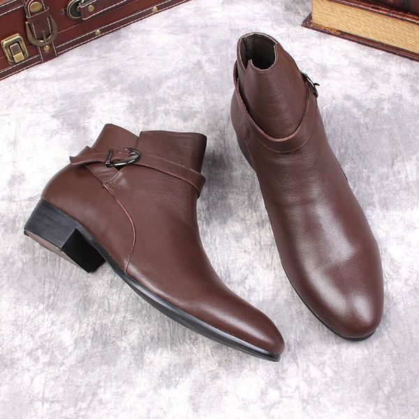 Lässige, vielseitige Echtleder-Knöchelspitze, Schwarz, Braun, formell mit Schnalle, Herren-Kleiderstiefel, Italien-Stiefel für Herren