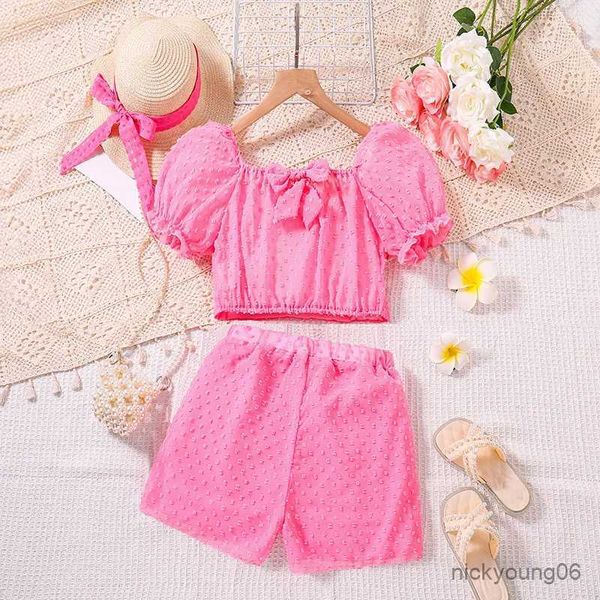 Mädchen Kleider Kinder Freizeitkleidung Sets Outfits für Mädchen 2024 Neue Sommer Kinder Mode Rosa Kurzarm Tops Shirts Kurze Hose 7-14Y