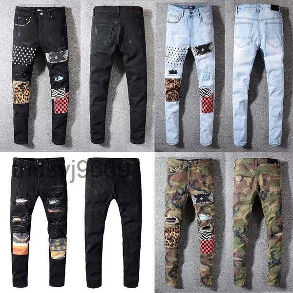 Abbigliamento classico Jeans Uomo e donna Stampato di alta qualità Verde militare Stampa leopardata Distruzione Jeans da moto dritto da uomo SG34