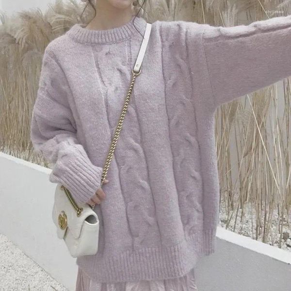 Damenpullover Damen Elegant Mohair Oversize-Pullover Rippstrickpullover Lose Feste Warme Süße Winterkleidung Beige Rosa Blau 2024