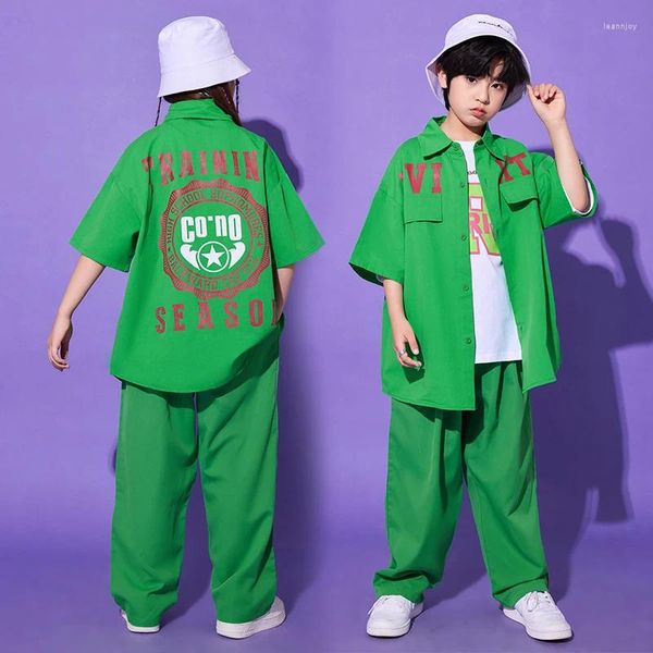 Abbigliamento da palco per bambini Hip Hop Kpop Abbigliamento Manica corta Camicia verde Casual Streetwear Pantaloni larghi per ragazze Ragazzi Abiti per costumi di danza jazz