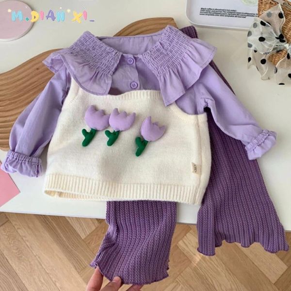 Set di abbigliamento Set da ragazza 2024 Autunno per bambini Polo con colletto applique Camicia Canotta Pantaloni Tre pezzi