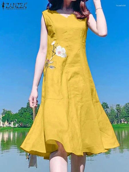 Casual Kleider 2024 ZANZEA Mode Sommer V-ausschnitt Ärmelloses Sommerkleid Frauen Midi Kleid Rüschen Vestido Elegante Blumen Stickerei Sarafans