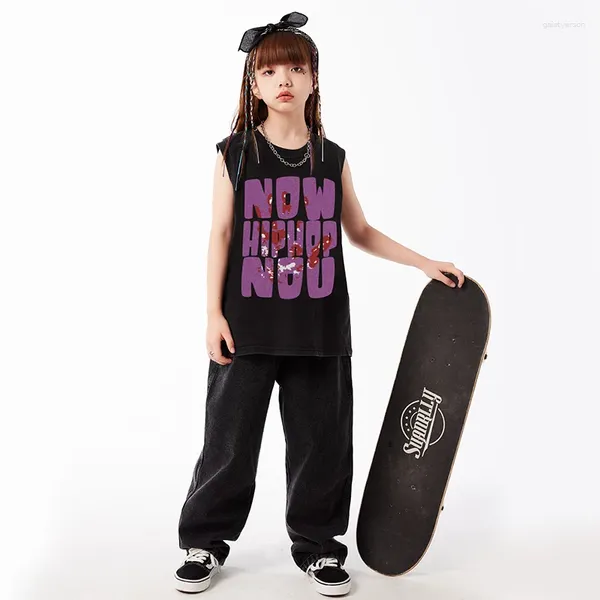 Bühnenkleidung Kinder Hip Hop Kpop zeigt Kleidung Druck ärmellose Weste Streetwear Denim Jeans Hosen für Mädchen Jungen Jazz Dance Kostüm Kleidung