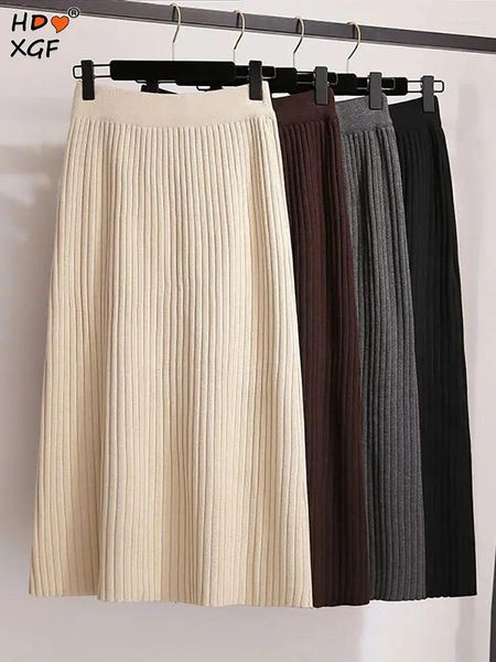 Saias simples sólido 4 cores de malha para mulheres outono inverno elástico cintura alta saco hip longo elegante all-match midi saia