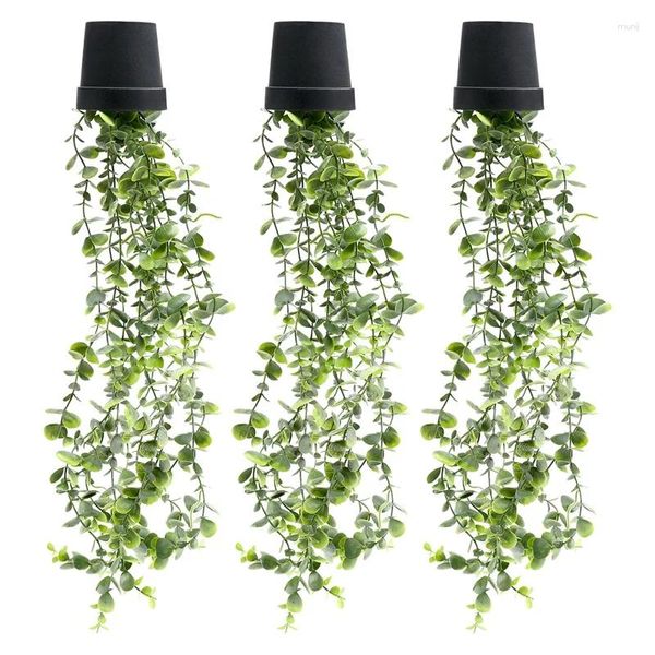 Flores decorativas plantas falsas eucalipto artificial vaso pendurado vegetação 3 pacote videiras em pote para casa interior