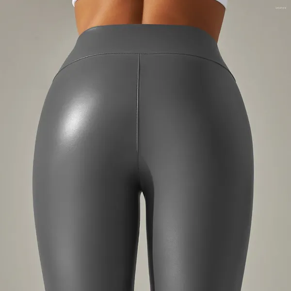 Damen-Hosen-Leggings, lang, hoch tailliert, Leder, grau, elastisch und sexy PU, eng anliegend