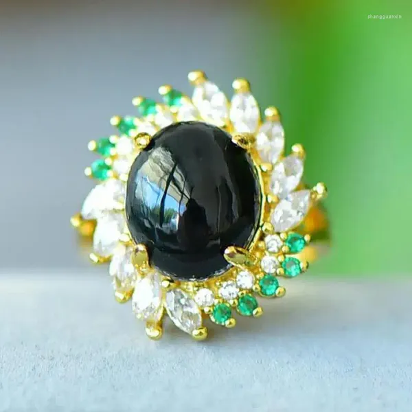 Cluster Anéis Anel de Jade Preto com Zircon Esmeralda Genuína Chinesa Nephrite Hetian Jades Natural Stone Band Mulheres Fine Jewelry Accessorie