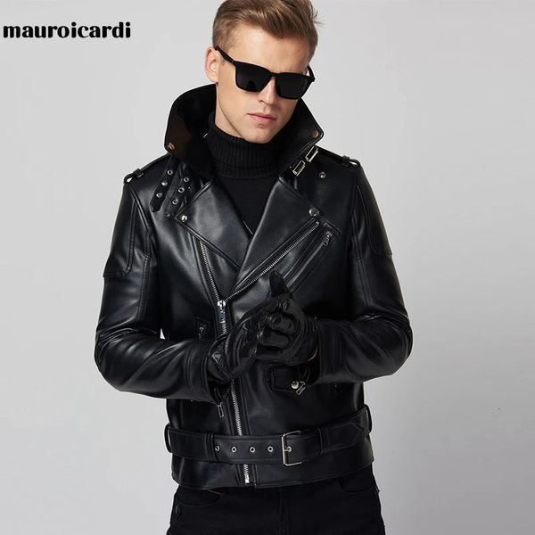 Mauroicardi primavera legal preto couro motociclista jaqueta dos homens zíper manga longa cinto outono macio falso jaquetas de couro para homens marca 240126
