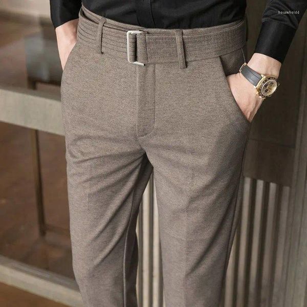 Pantaloni da uomo 2024 Primavera Autunno e Inverno Business Casual Edizione coreana Trendy Vita alta con tasca sulla cintura Abito in lana tinta unita slim fit